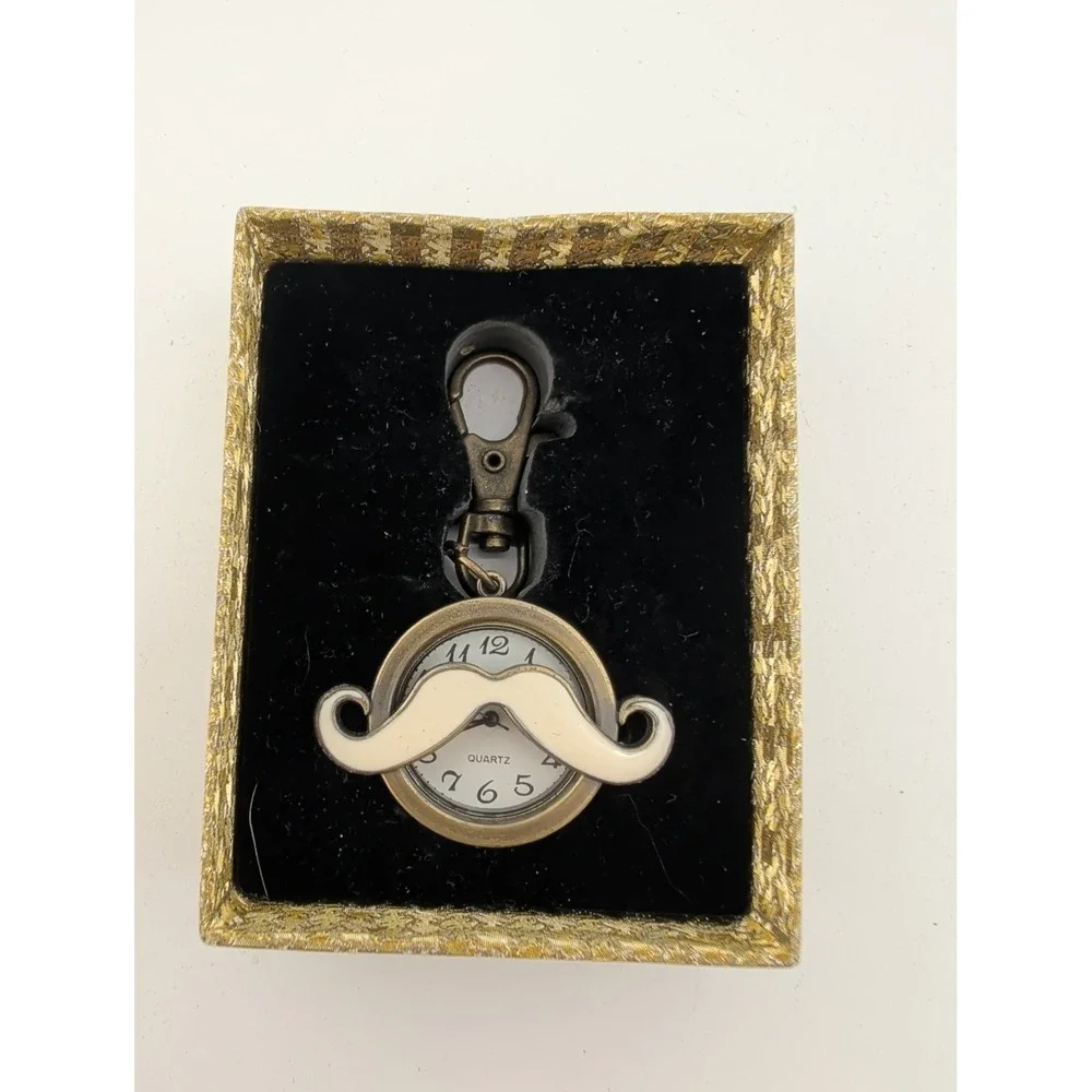 Mustache Clip Key Ring Watch Bronze Tone w/ Gift Box- New Battery